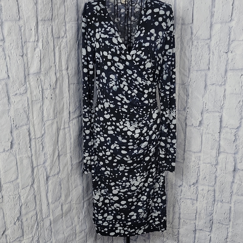 Anne Klein‎ Women's Navy Printed Long Sleeve Wrap Dress Medium